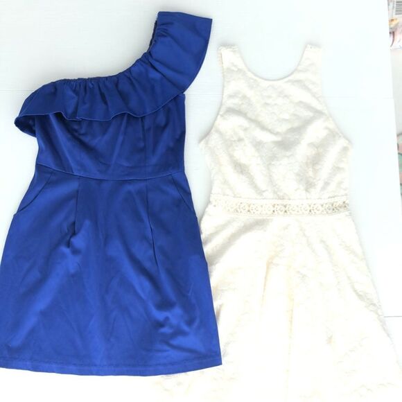 Lulu’s & Abercrombie Y2K Bundle Party Dresses In Royal Blue Satin & Ivory Lace - Picture 1 of 8
